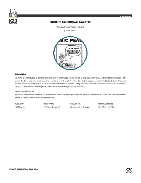 From Another Dimension: Intro To Dimensional Analysis Lesson Plan