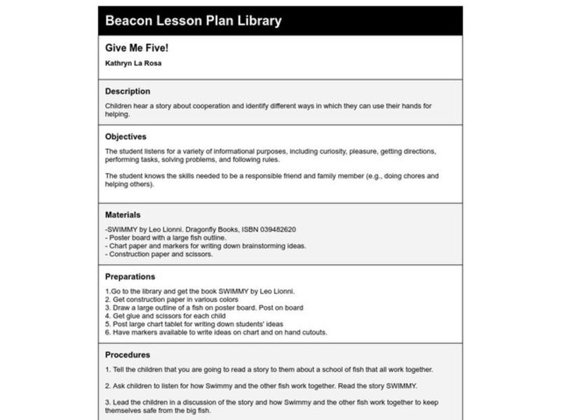 Give Me Five! Lesson Plan