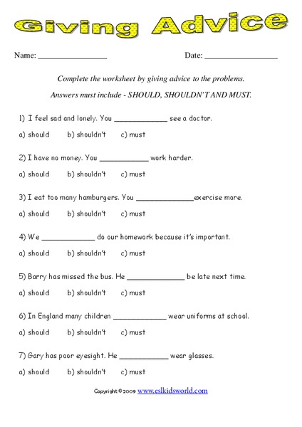 Giving Advice Worksheet