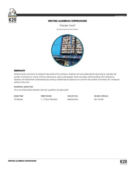 Chicken Truck: Writing Algebraic Expressions Lesson Plan