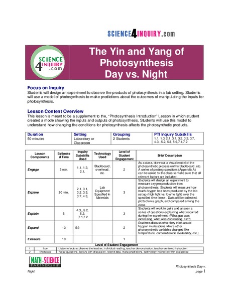 The Yin and Yang of Photosynthesis: Day vs. Night Lesson Plan