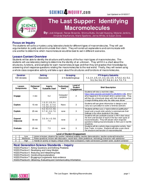 The Last Supper: Identifying Macromolecules Lesson Plan