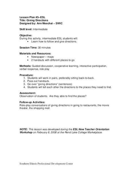Giving Directions Lesson Plan