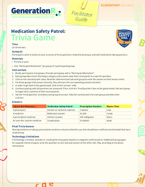 Medication Safety Patrol: Trivia Game Lesson Plan