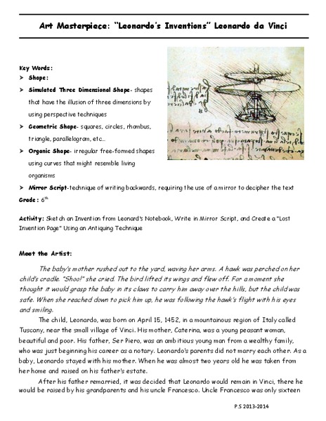 Art Masterpiece: Leonardo’s Inventions—Leonardo da Vinci Lesson Plan