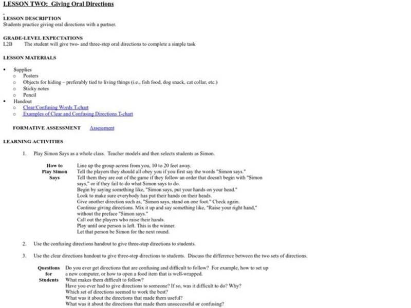 Giving Oral Directions Lesson Plan