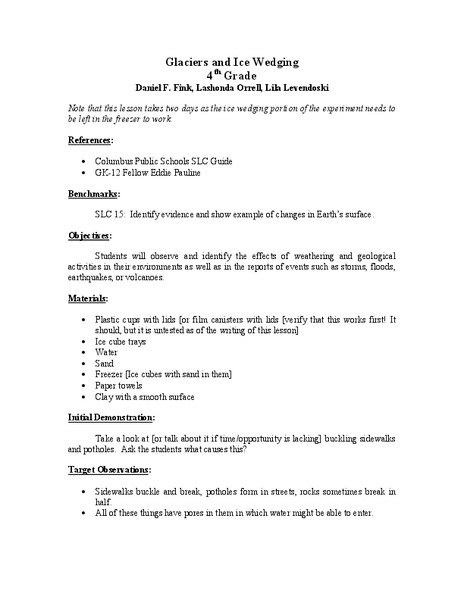 Glaciers and Ice Wedging Lesson Plan
