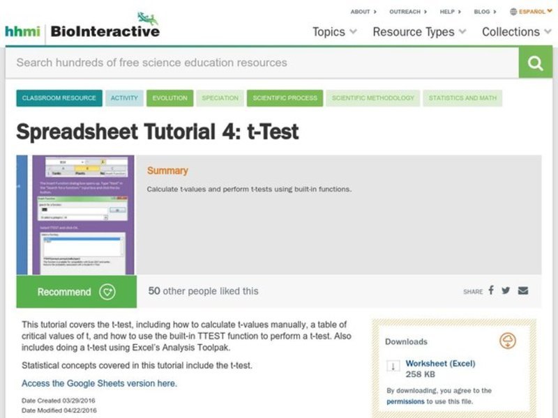 Spreadsheet Tutorial 4: t-Test Activity
