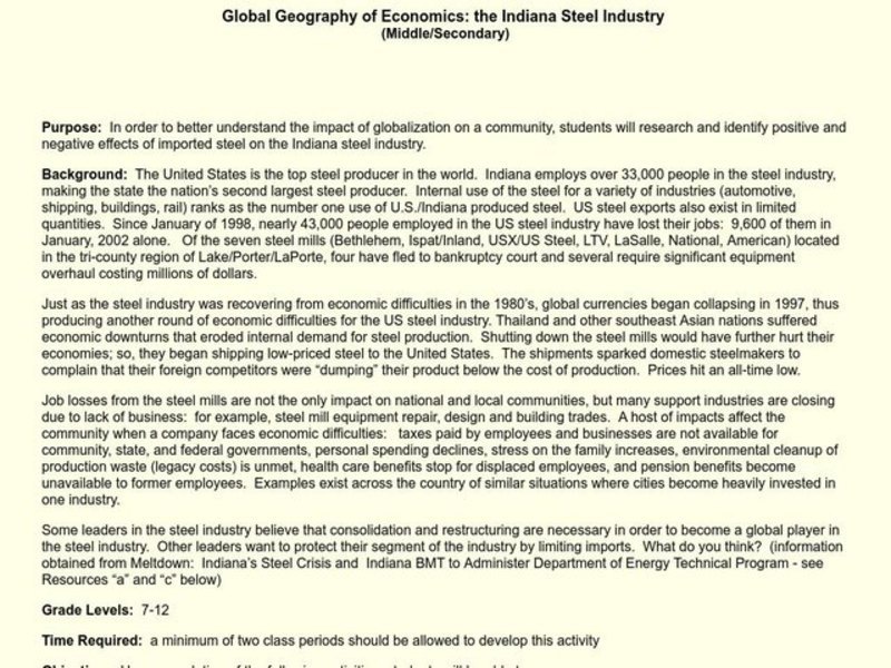 Global Geography of Economics: the Indiana Steel Industry Lesson Plan