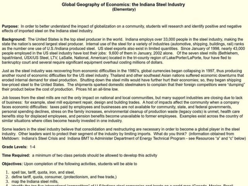 Global Geography of Economics: The Indiana Steel Industry Lesson Plan