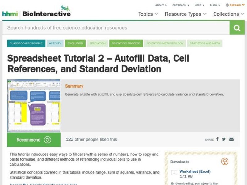 Spreadsheet Tutorial 2: Autofill Data, Cell References, and Standard Deviation Activity