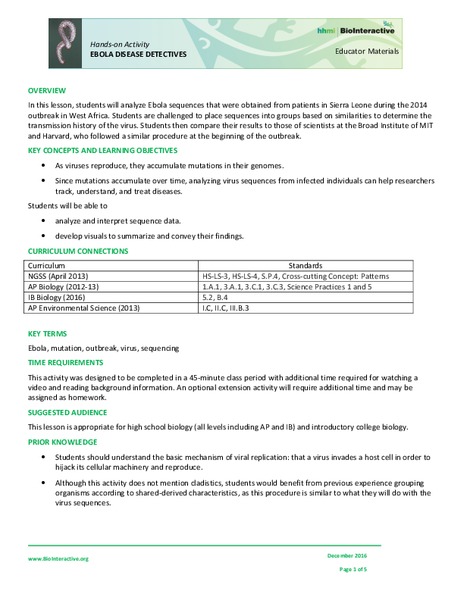 Ebola: Disease Detectives Activity