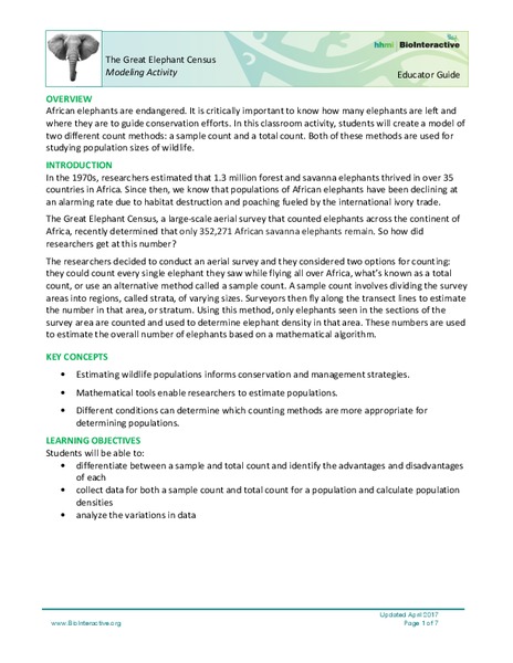 The Great Elephant Census Modeling Activity Activity