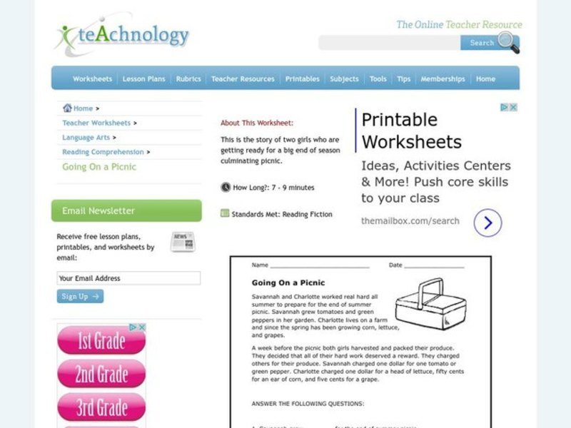 Going On a Picnic Worksheet