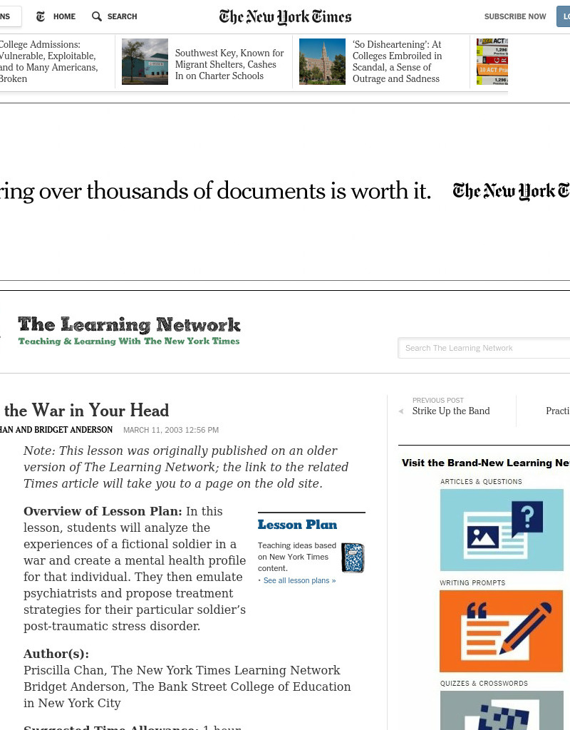 Fighting the War in Your Head Lesson Plan