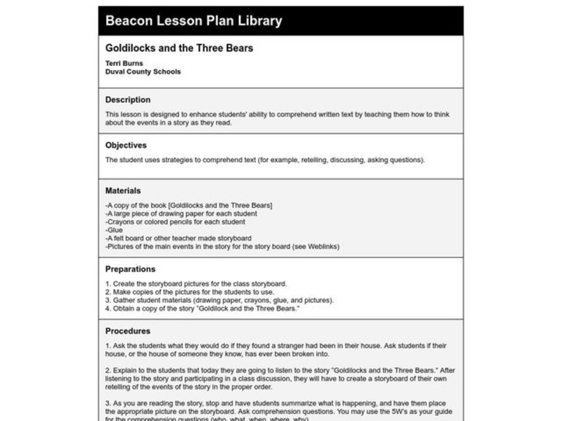 Goldilocks and the Three Bears Lesson Plan