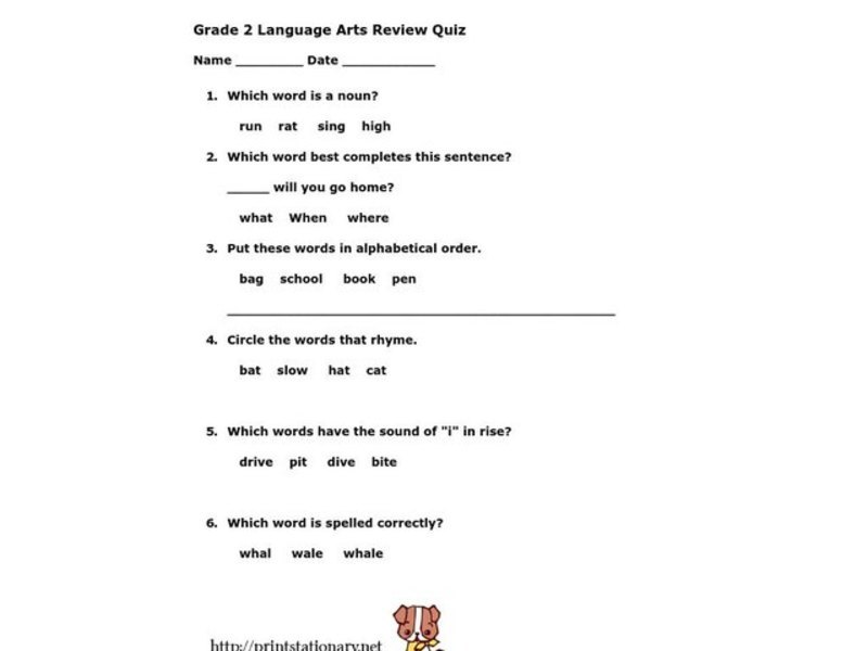 Grade 2 Language Arts Review Quiz Worksheet