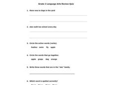 Grade 2 Language Arts Review Quiz Worksheet