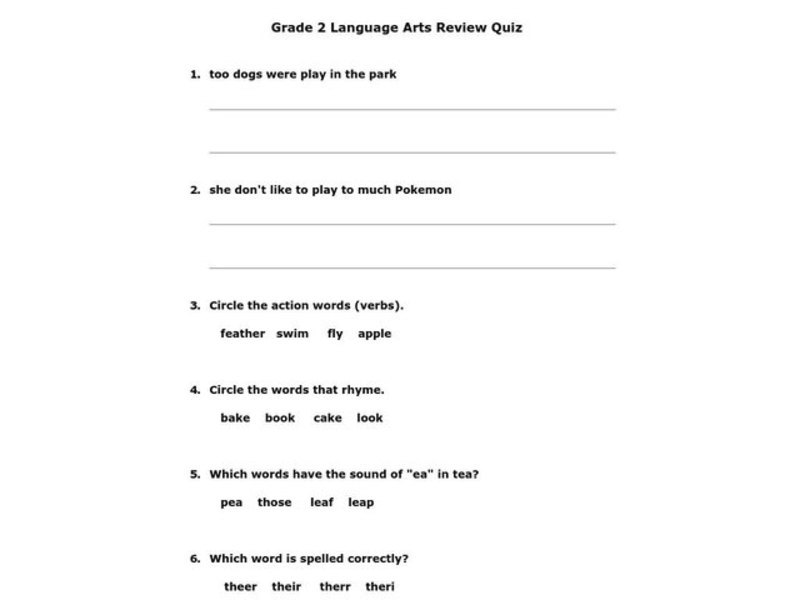 Grade 2 Language Arts Review Quiz Worksheet