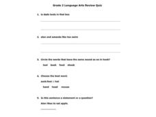 Grade 2 Language Arts Review Quiz Worksheet