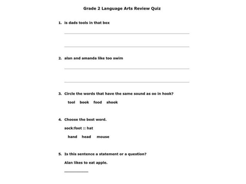 Grade 2 Language Arts Review Quiz Worksheet