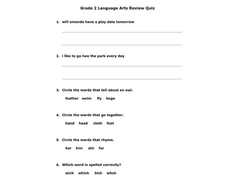 Grade 2 Language Arts Review Quiz Worksheet