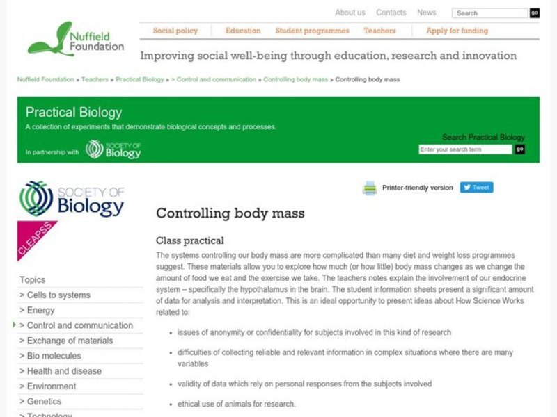 Controlling Body Mass Lesson Plan