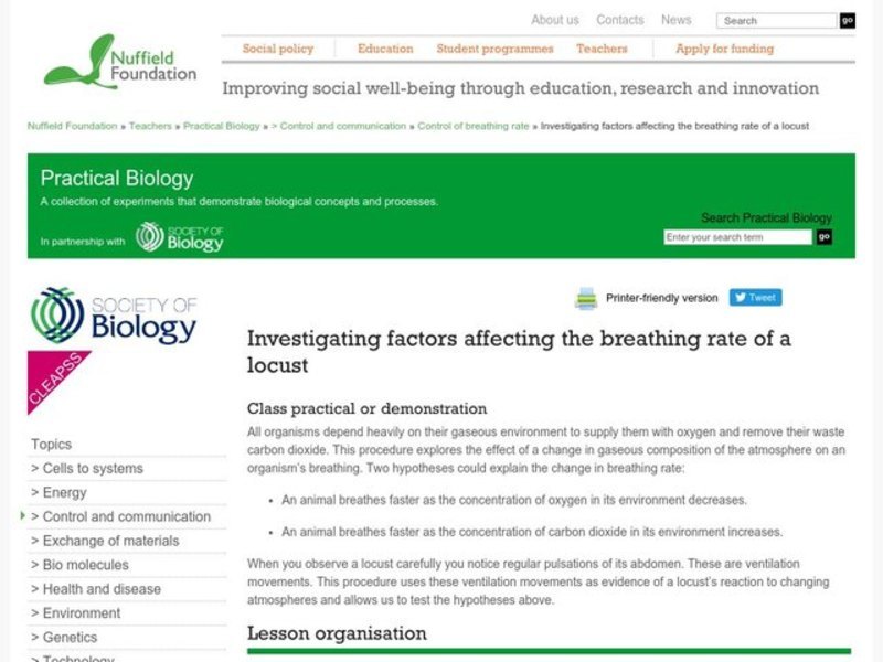 Investigating Factors Affecting the Breathing Rate of a Locust Lesson Plan