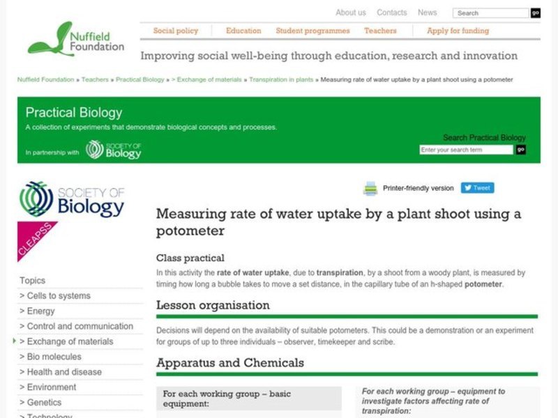 Measuring Rate of Water Uptake by a Plant Shoot Using a Potometer Lesson Plan