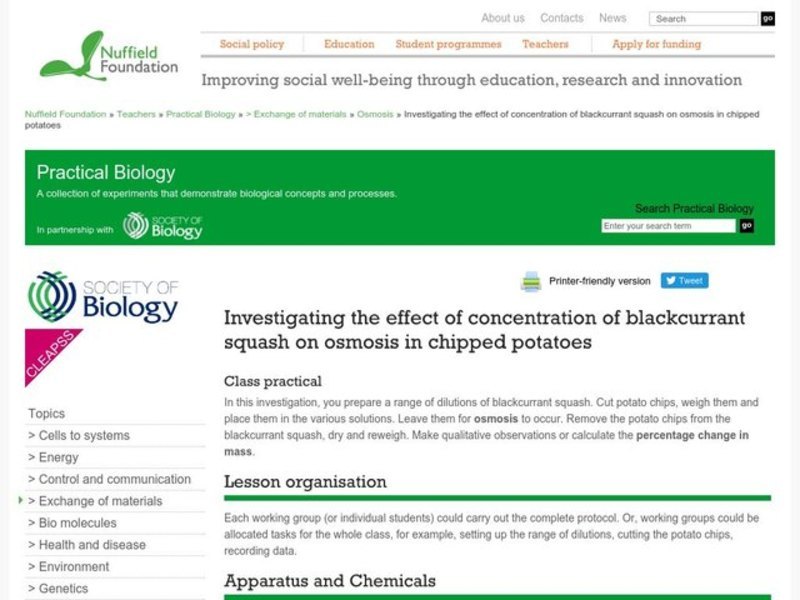Investigating the Effect of Concentration of Blackcurrant Squash on Osmosis in Chipped Potatoes Lesson Plan