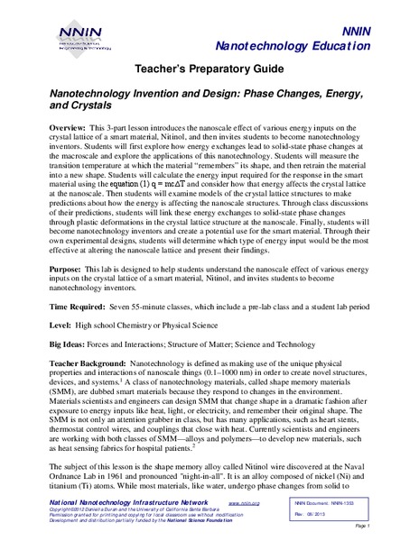 Nanotechnology Invention and Design: Phase Changes, Energy, and Crystals Lesson Plan
