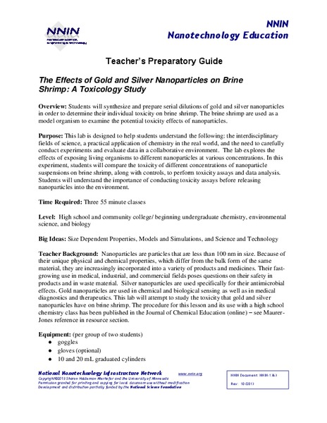The Effects of Gold and Silver Nanoparticles on Brine Shrimp: A Toxicology Study Lesson Plan