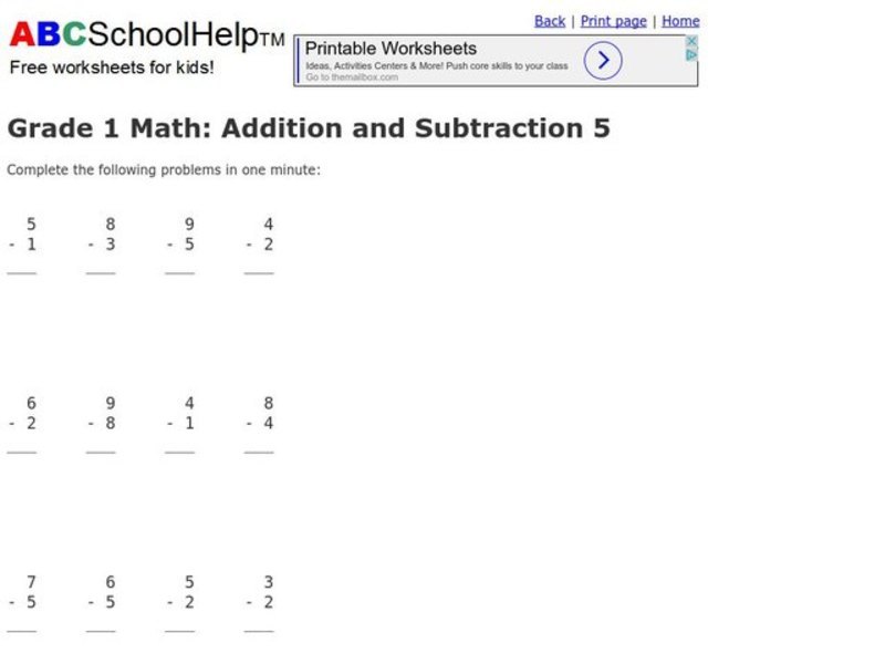 Grade One Subtraction Worksheet