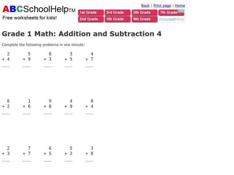 Grade One Addition Worksheet