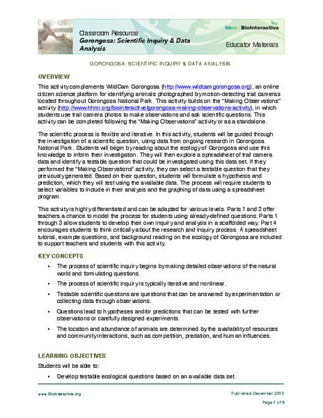 Gorongosa: Scientific Inquiry and Data Analysis Activity