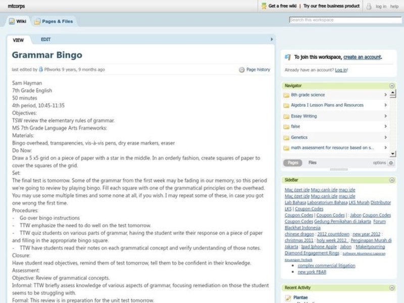 Grammar Bingo Lesson Plan