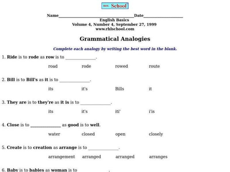 Grammatical Analogies Worksheet