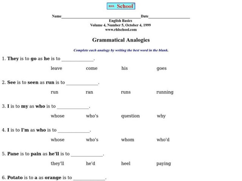 Grammatical Analogies Worksheet