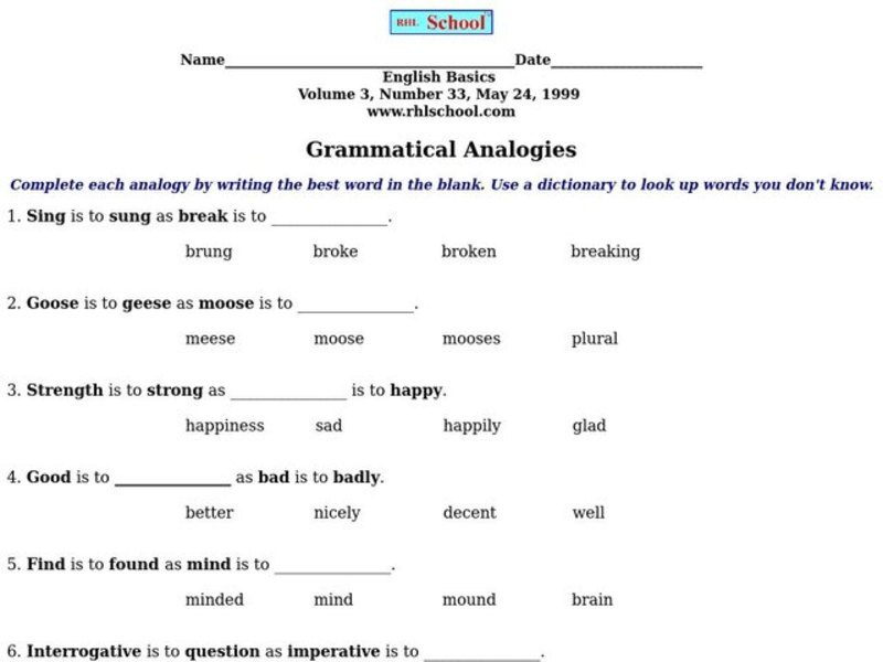 Grammatical Analogies Worksheet