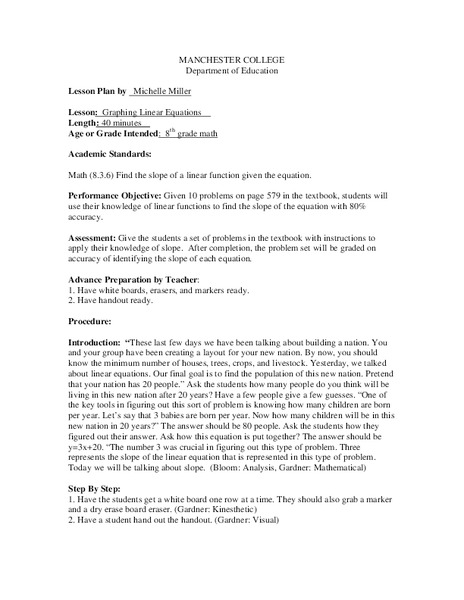 Graphing Linear Equations Lesson Plan