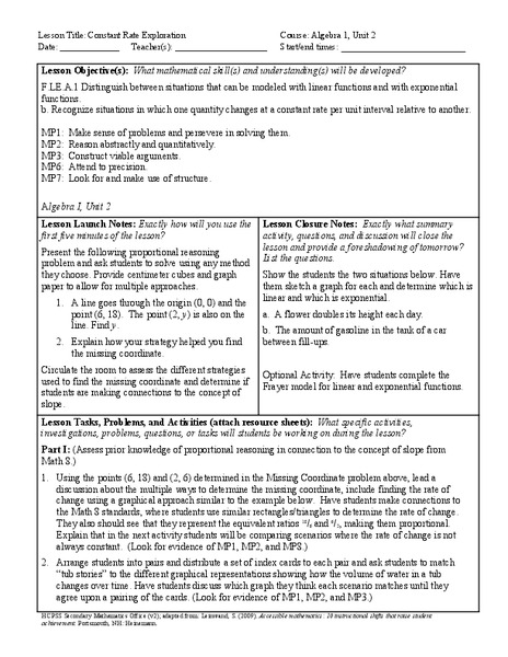 Constant Rate Exploration Lesson Plan