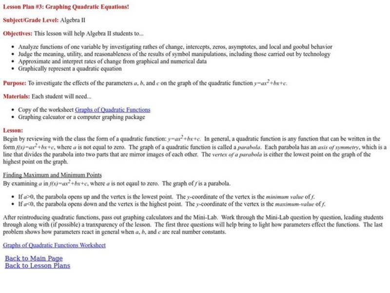 Graphing Quadratic Equations Lesson Plan