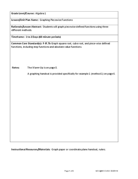 Graphing Piecewise Functions Lesson Plan