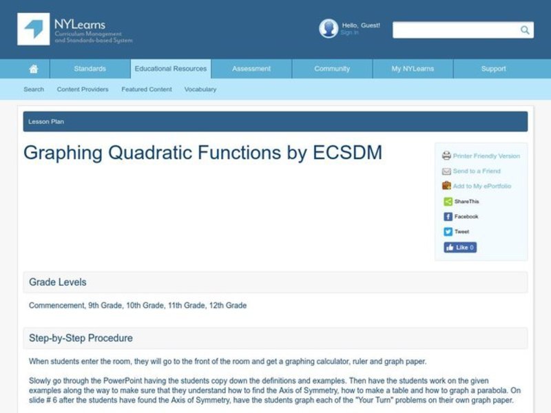 Graphing Quadratic Functions Lesson Plan
