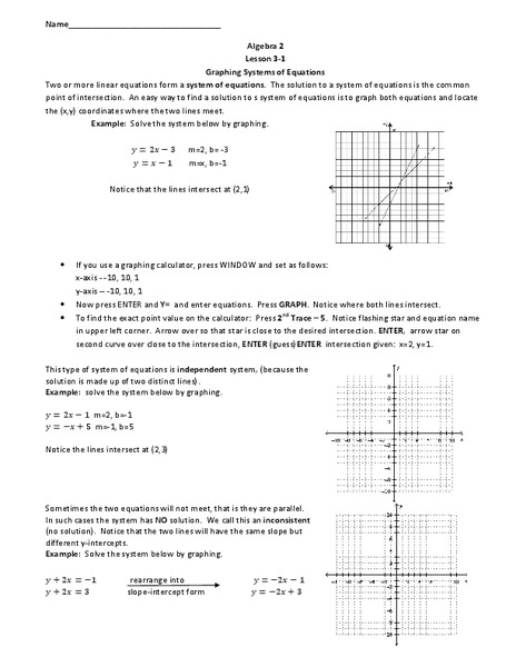 Graphing Systems of Equations Worksheet