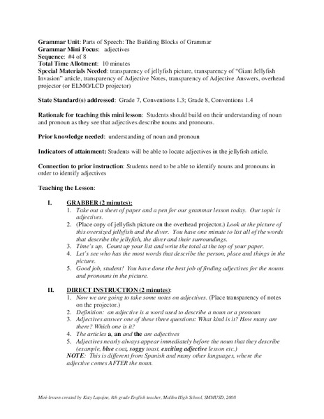 Parts of Speech Adjectives: Building Blocks of Grammar Lesson Plan