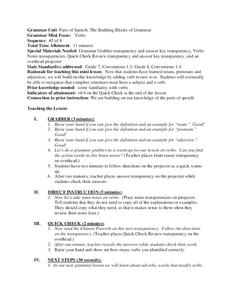 Parts of Speech Verbs: Building Blocks of Grammar Lesson Plan