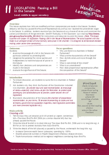 Legislation: Passing a Bill in the Senate Lesson Plan