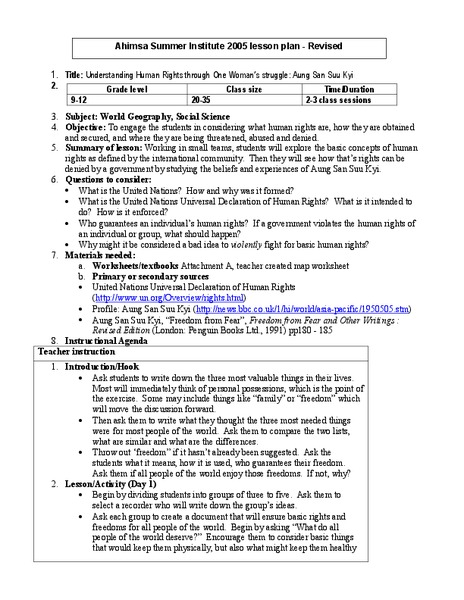 Understanding Human Rights Through One Woman's Struggle: Aung San Suu Kyi Lesson Plan