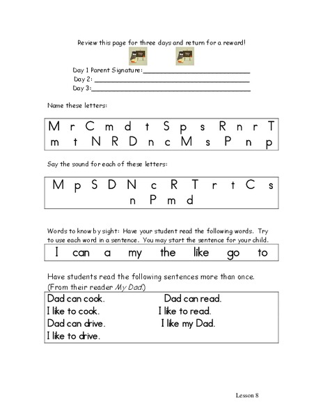 Kindergarten Homework #8 Worksheet